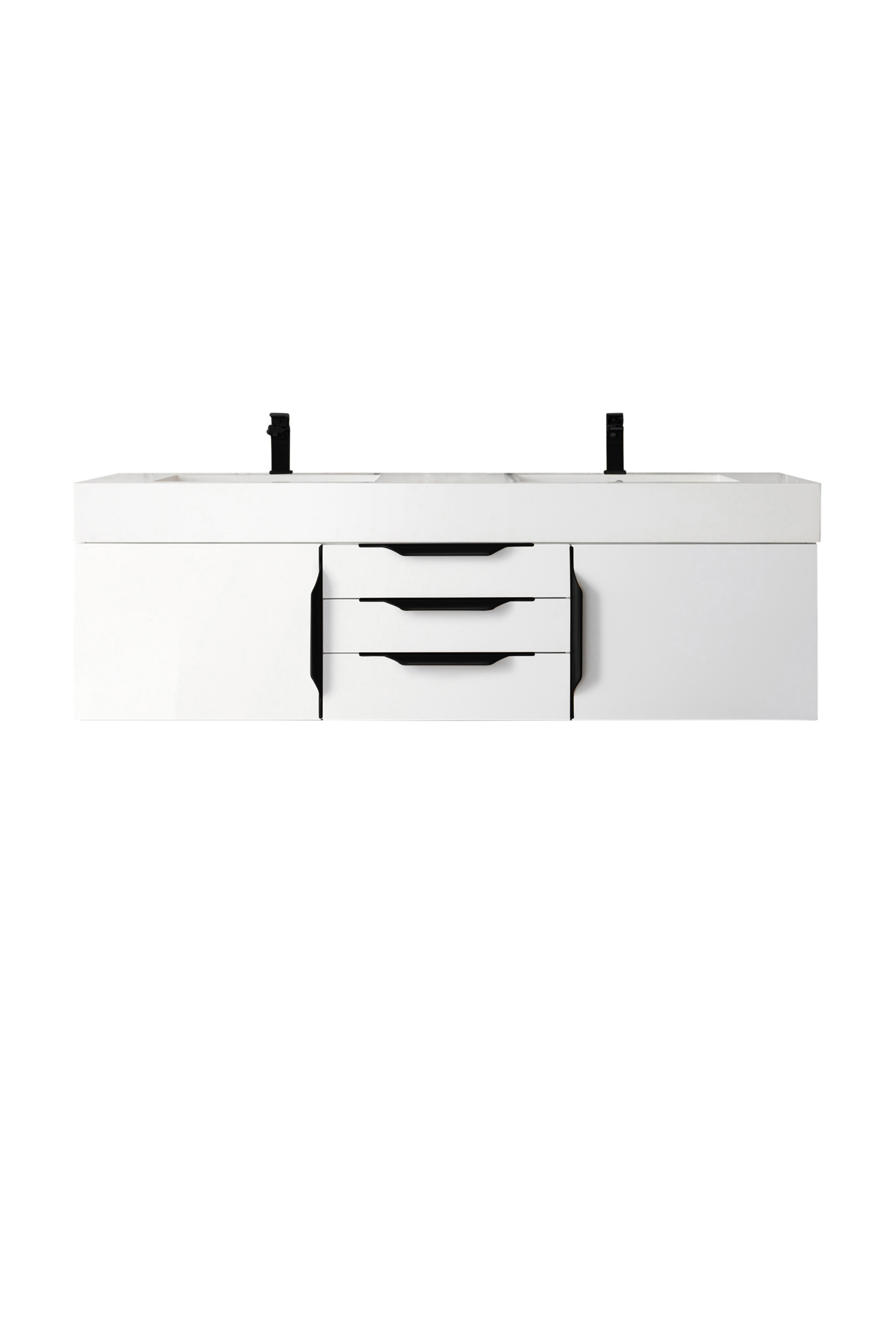 James Martin Vanities Columbia 59" Double Wall Mount Vanity With Matte Black Base and Glossy White Composite Stone Top