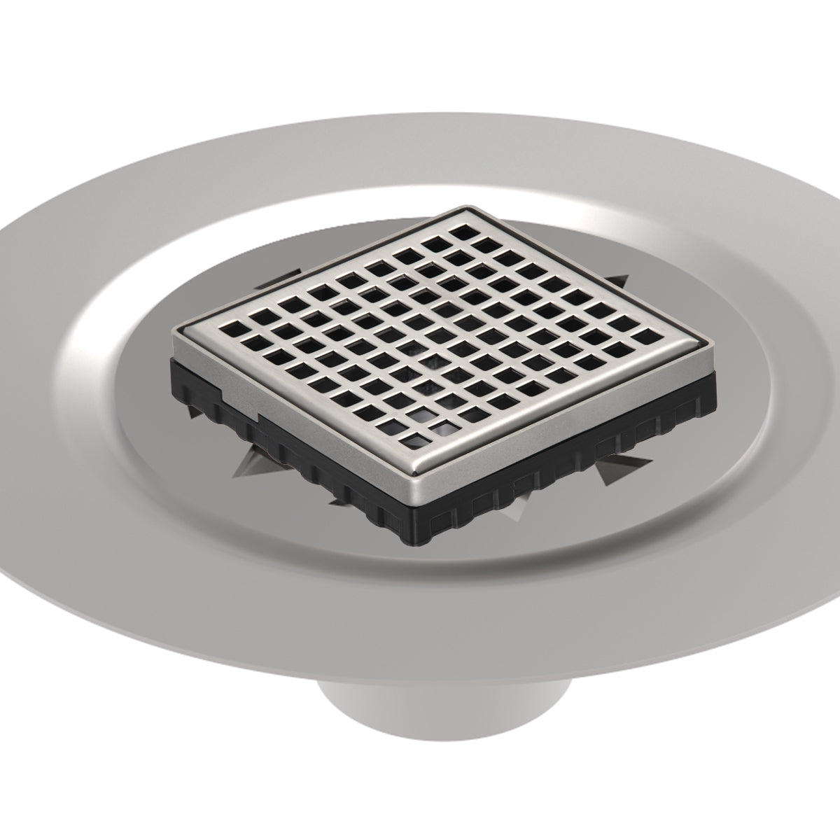 Infinity Drain 4" x 4" LQD 4 Squares Pattern Complete Kit with Stainless Steel Bonded Flange, 2" No Hub Outlet