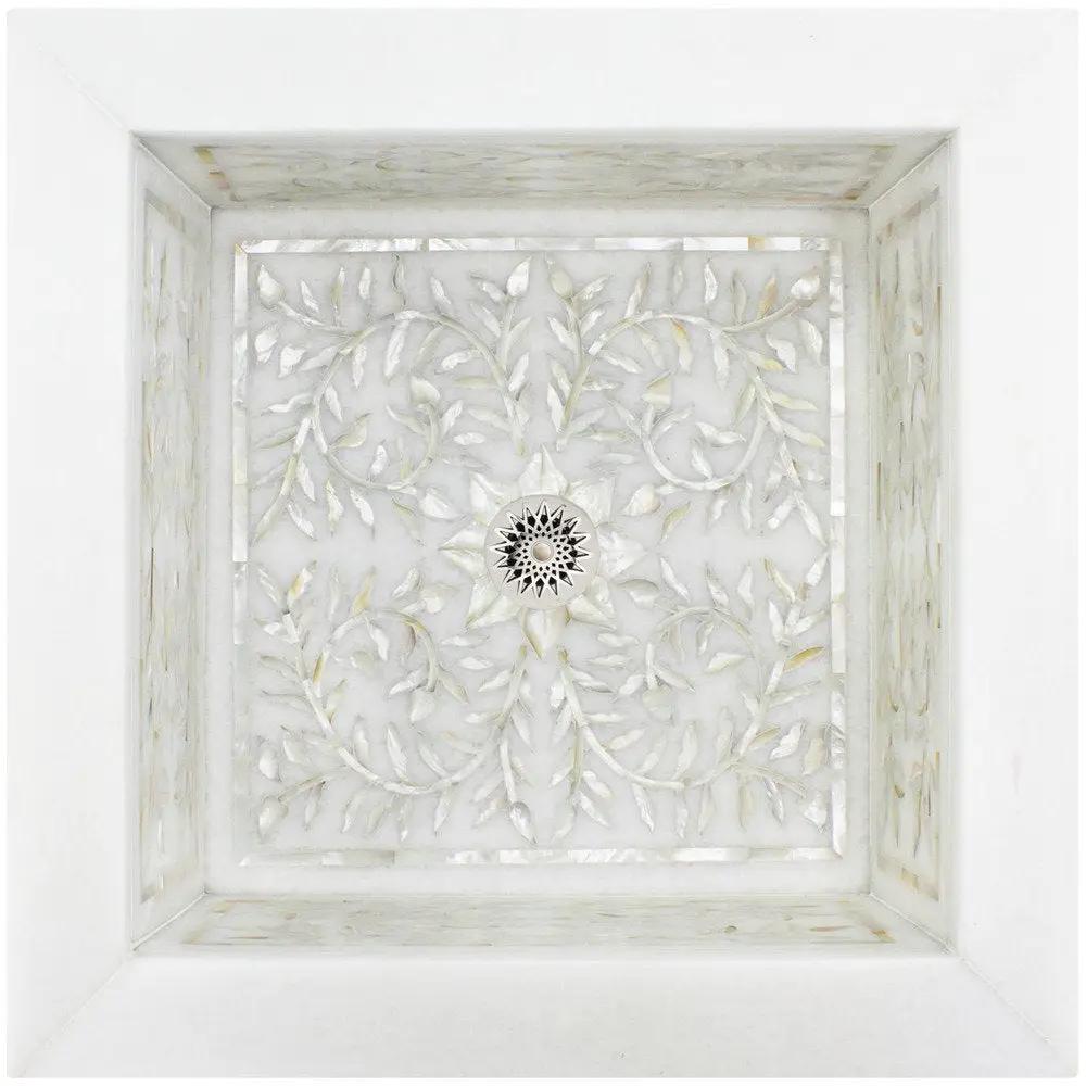 Linkasink Square Floral Mother of Pearl Inlay Undermount Sink 18.25" - White Marble by Linkasink