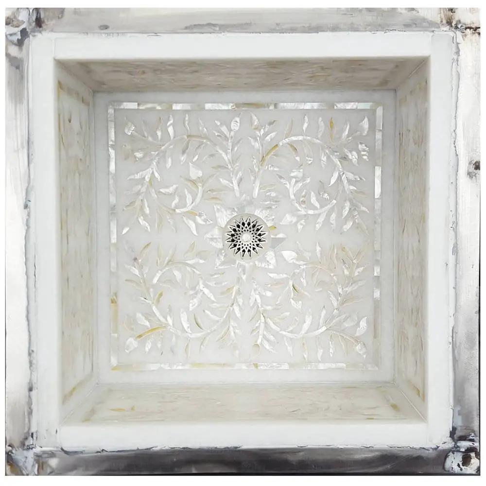 Linkasink Square Floral Mother of Pearl Inlay Undermount Sink 18.25" - White Marble by Linkasink