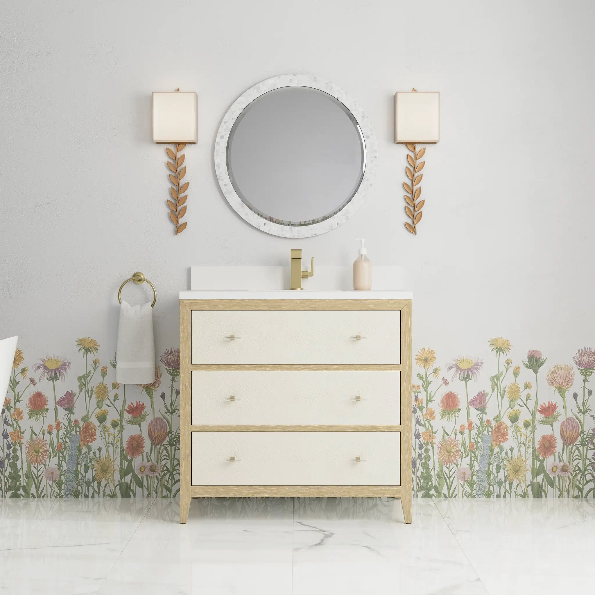 sunwashed oak with embossed shagreen drawer fronts vanity