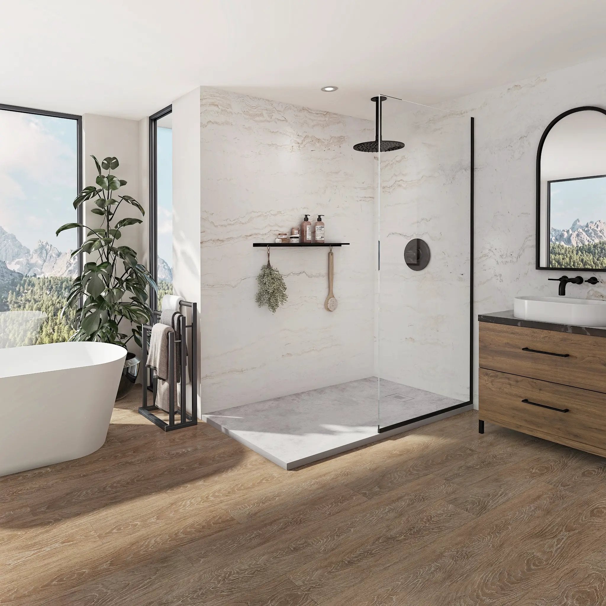 Neptune Pietra Stone Composite Alcove or Corner Shower Base with End Drain by Neptune