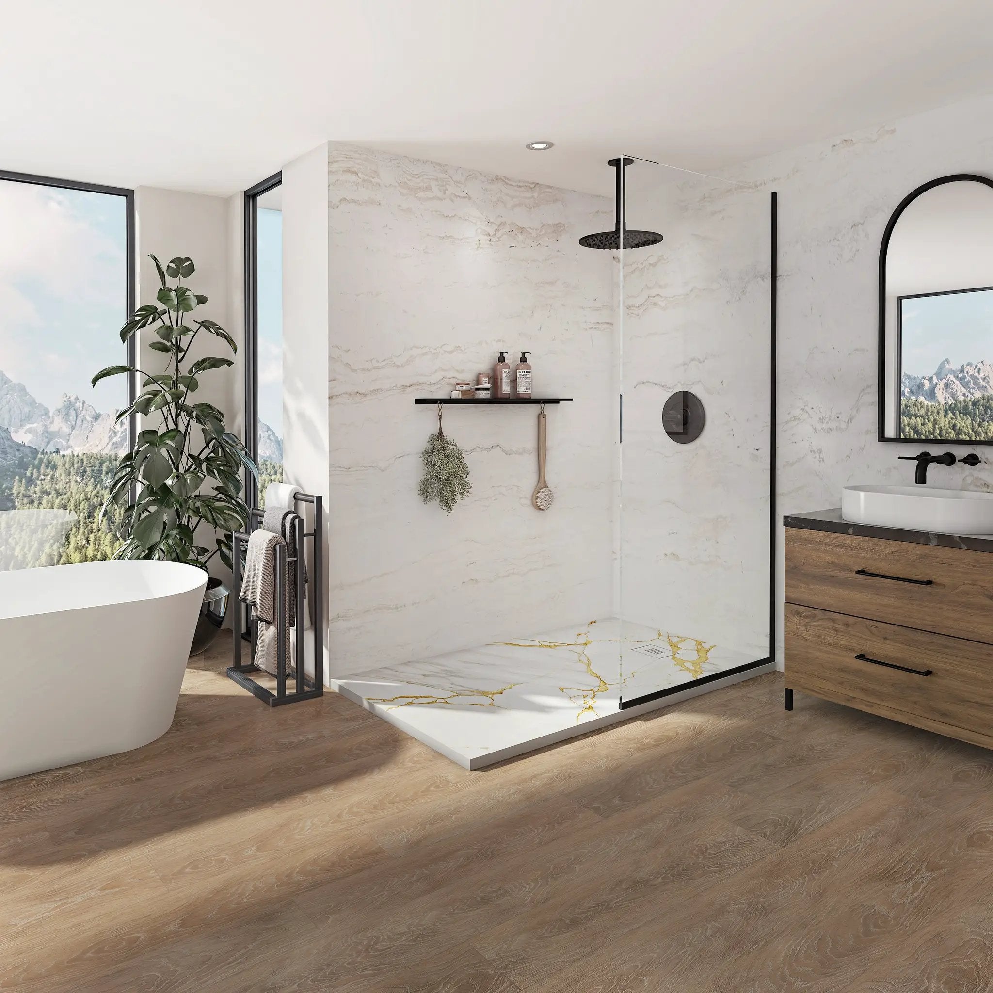 Neptune Pietra Stone Composite Alcove or Corner Shower Base with End Drain by Neptune
