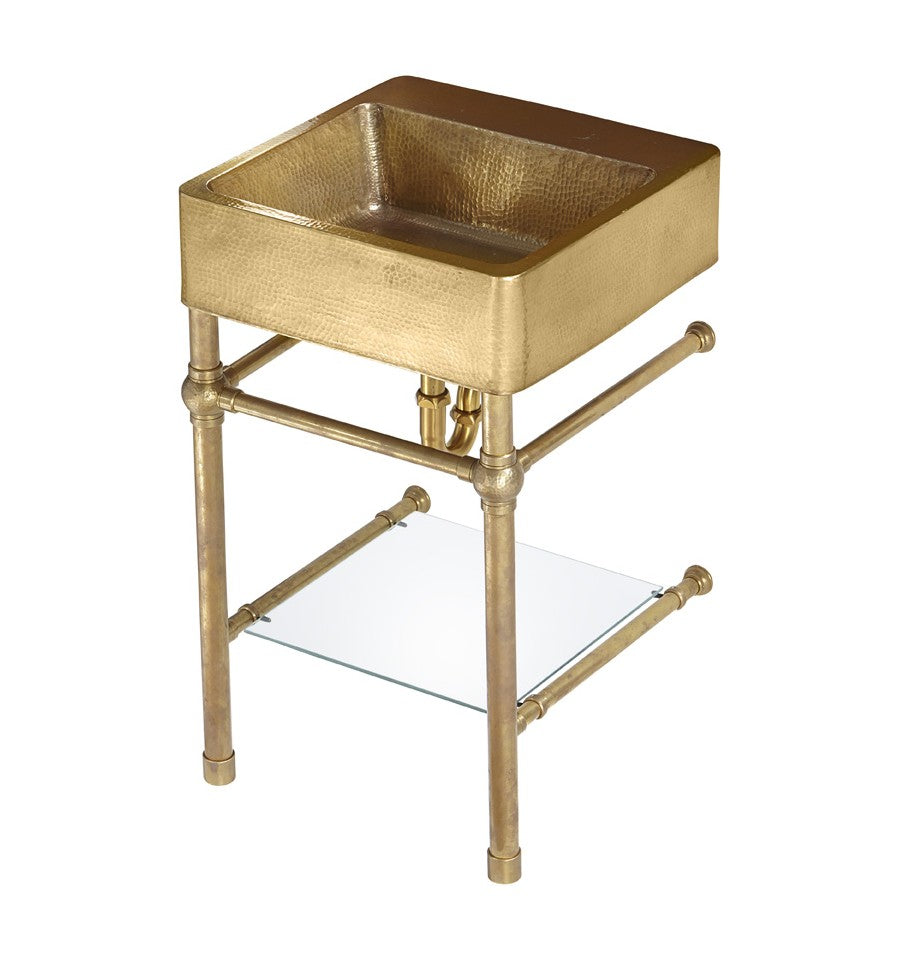 sink: satin brass hammered vanity: brass with glass shelf sink