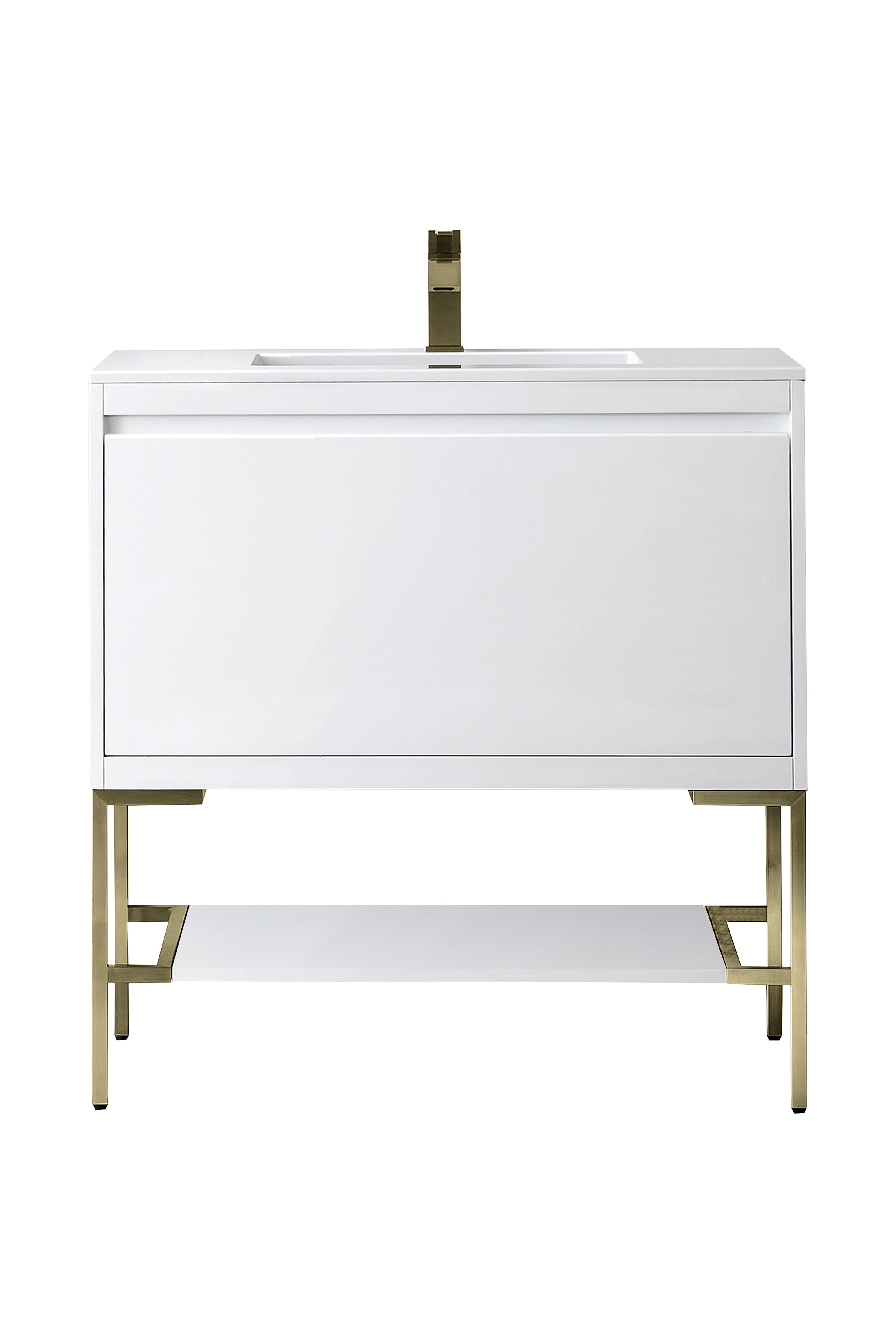 James Martin Vanities Mantova 35.4" Single Vanity - Glossy White - Champagne Brass Base