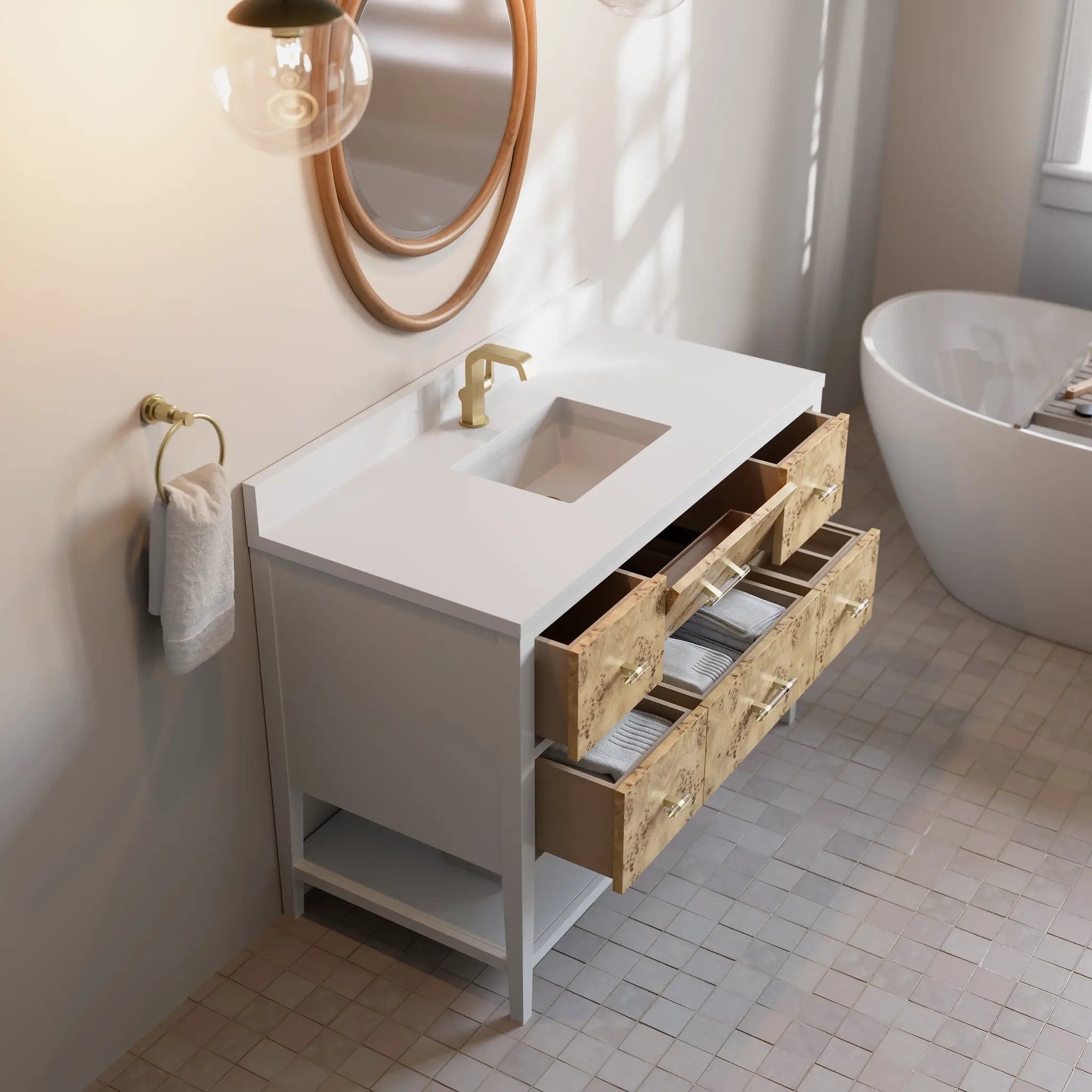 polished white and light mappa burl vanity