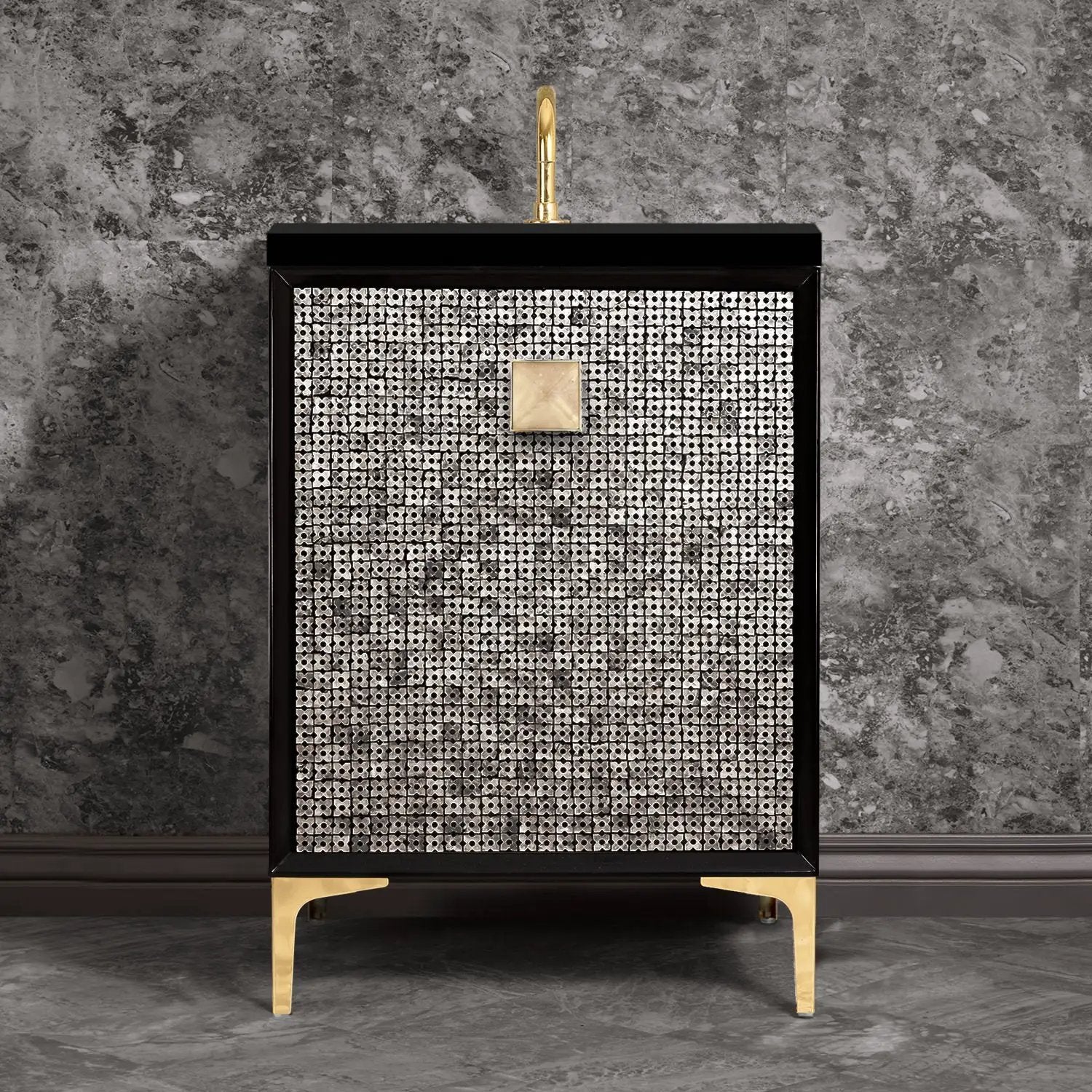 Linkasink Mother of Pearl with 3" Artisan Eglomise Glass Prism Hardware Vanity by Linkasink