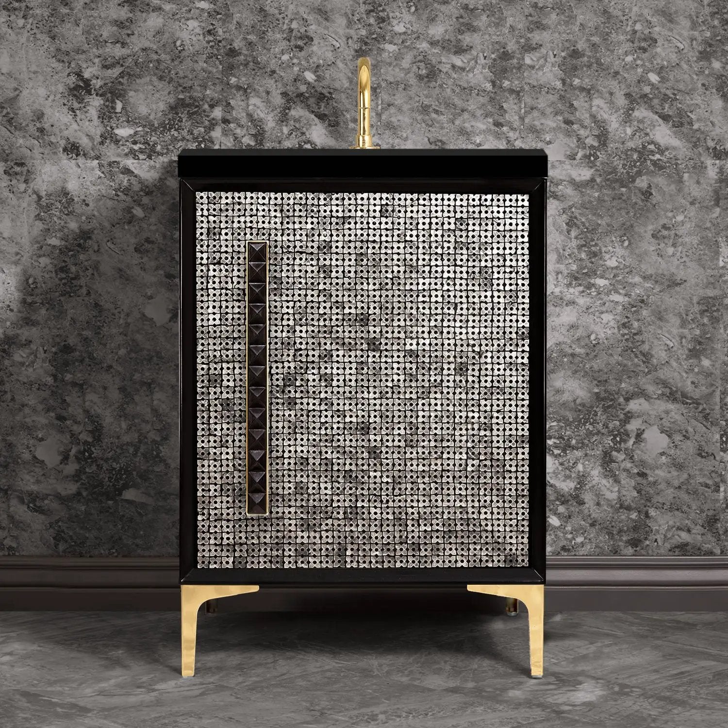 Linkasink Mother of Pearl with 18" Black Artisan Glass Pyramid Hardware Vanity by Linkasink