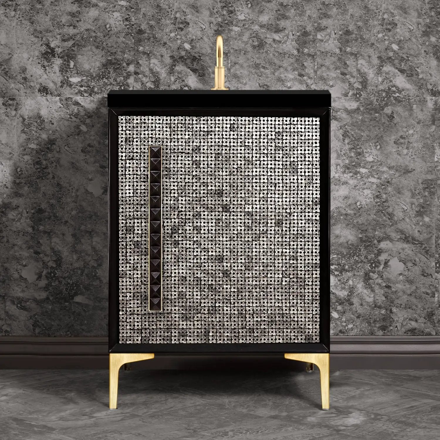 Linkasink Mother of Pearl with 18" Black Artisan Glass Pyramid Hardware Vanity by Linkasink