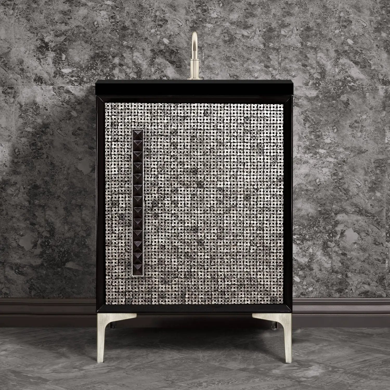 Linkasink Mother of Pearl with 18" Black Artisan Glass Pyramid Hardware Vanity by Linkasink