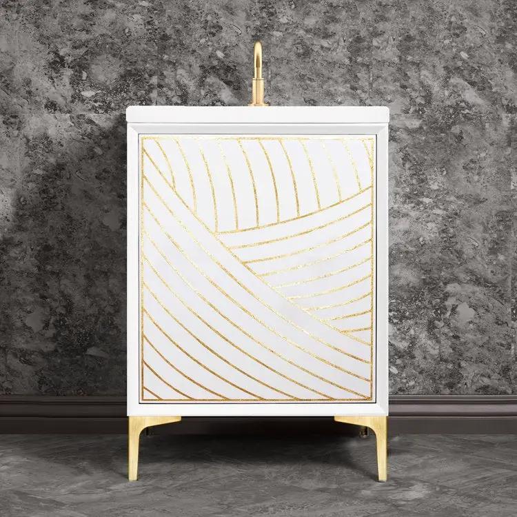 white with satin brass vanity