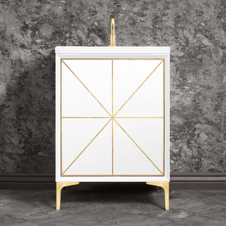 white with satin brass vanity