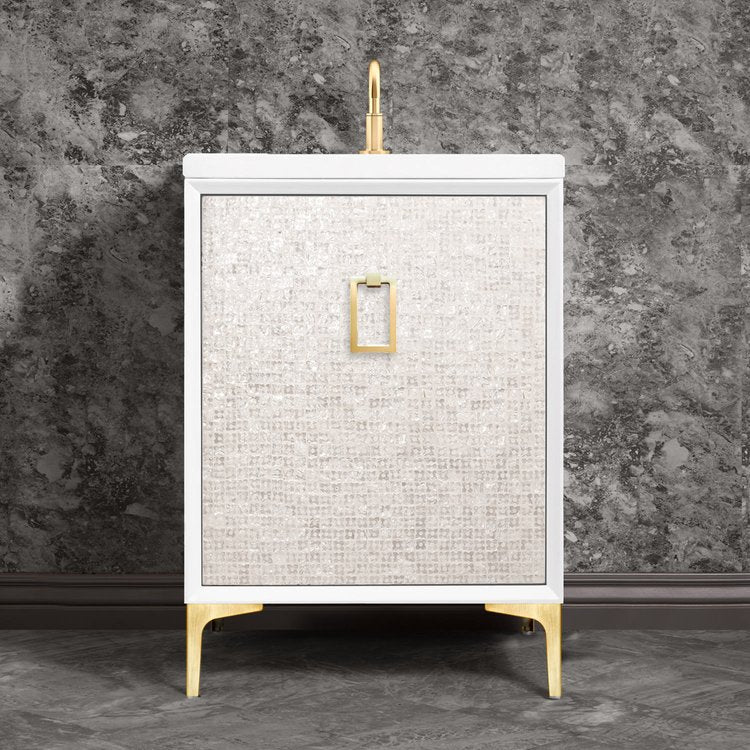 white with satin brass vanity