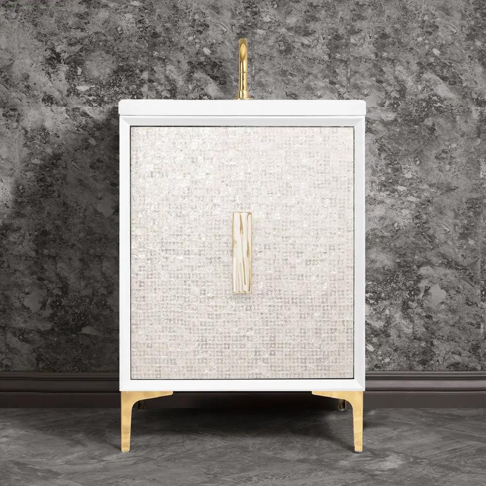 polished brass with white tiger prism glass vanity