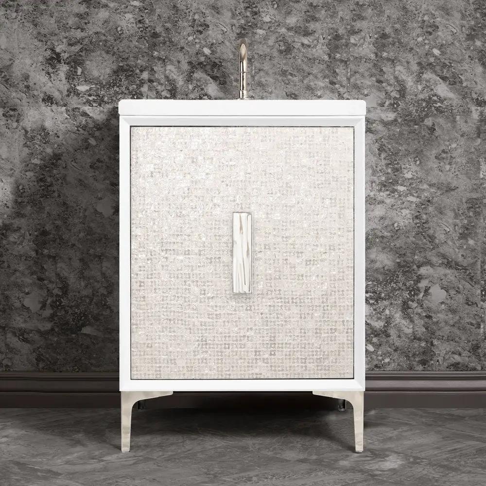 polished nickel with white tiger prism glass vanity