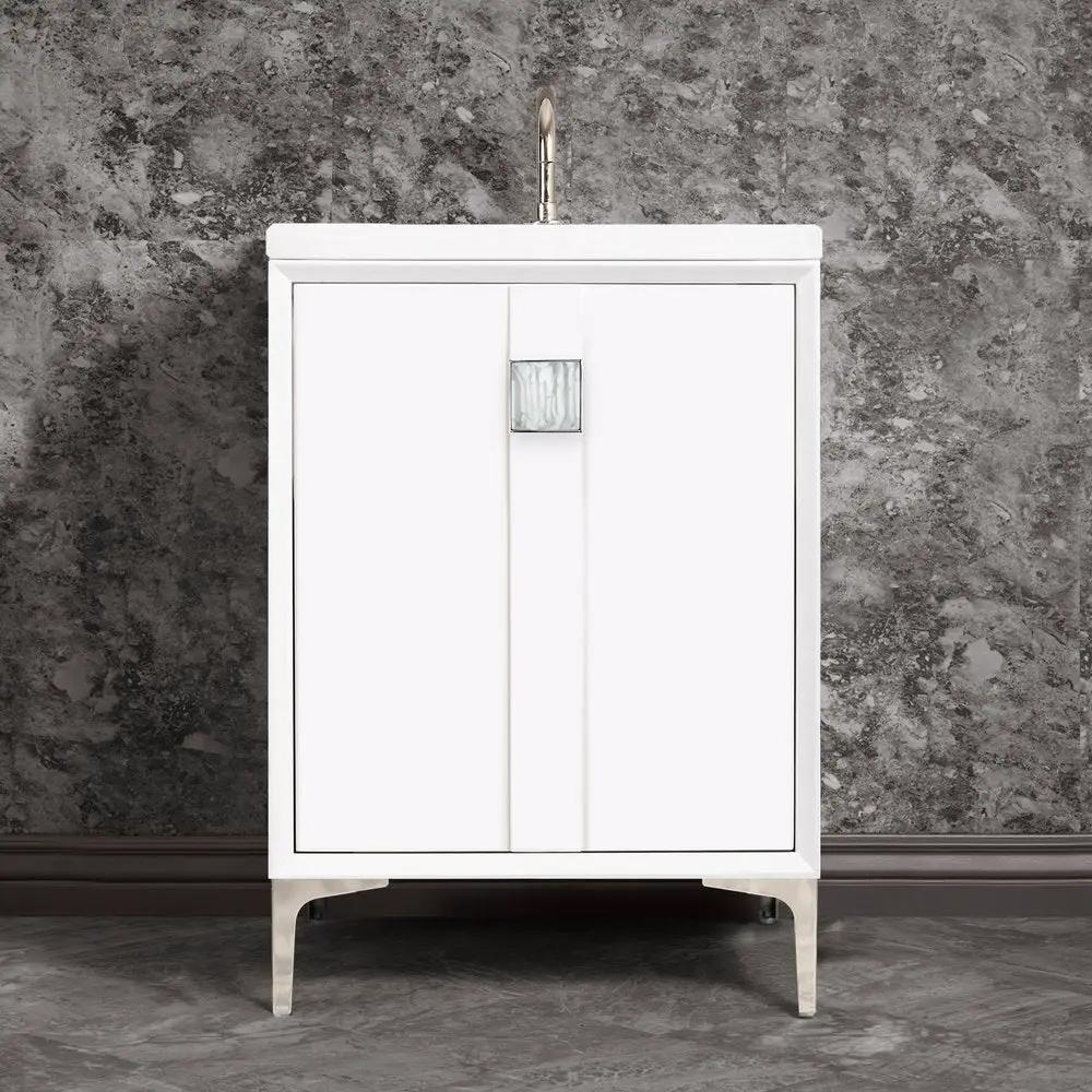 polished nickel with white tiger prism glass vanity