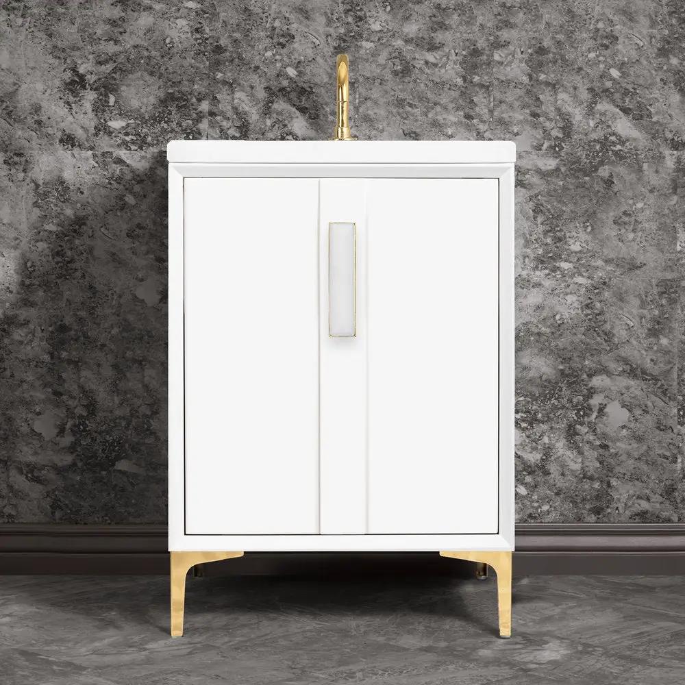 polished brass with white prism glass vanity