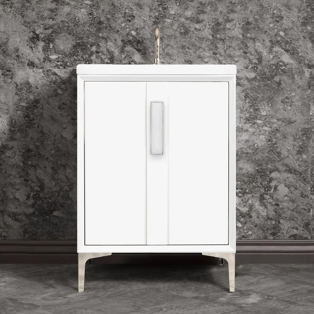 polished nickel with white prism glass vanity