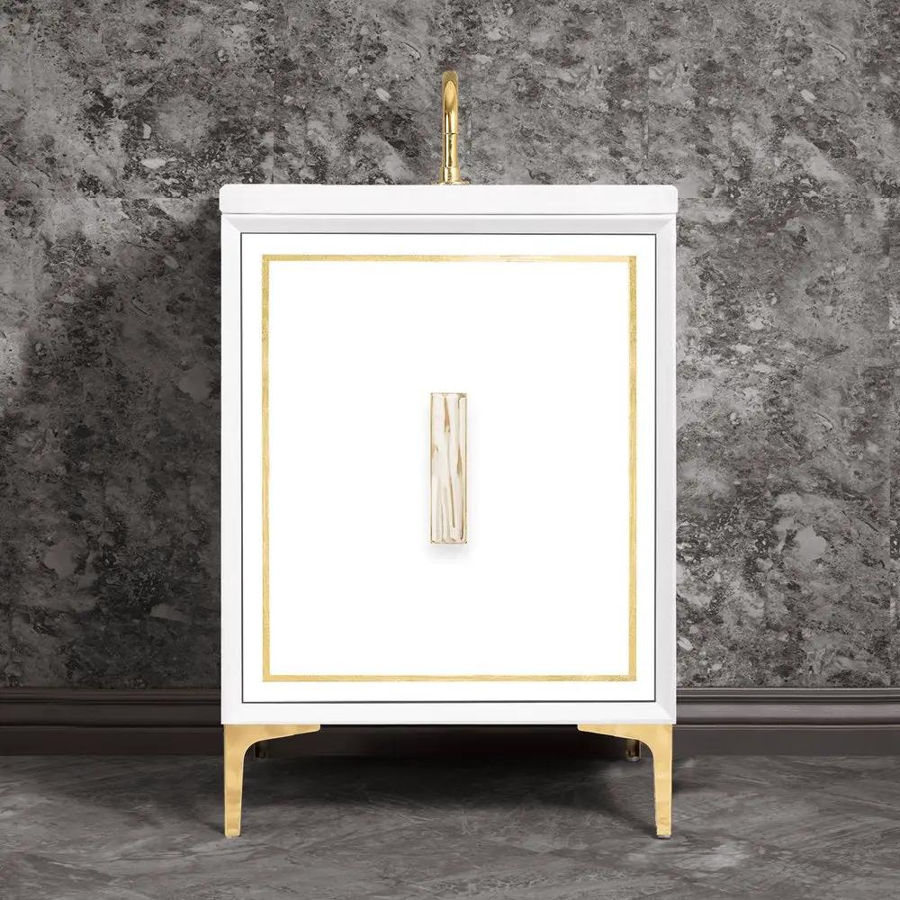 polished brass with white tiger prism glass vanity