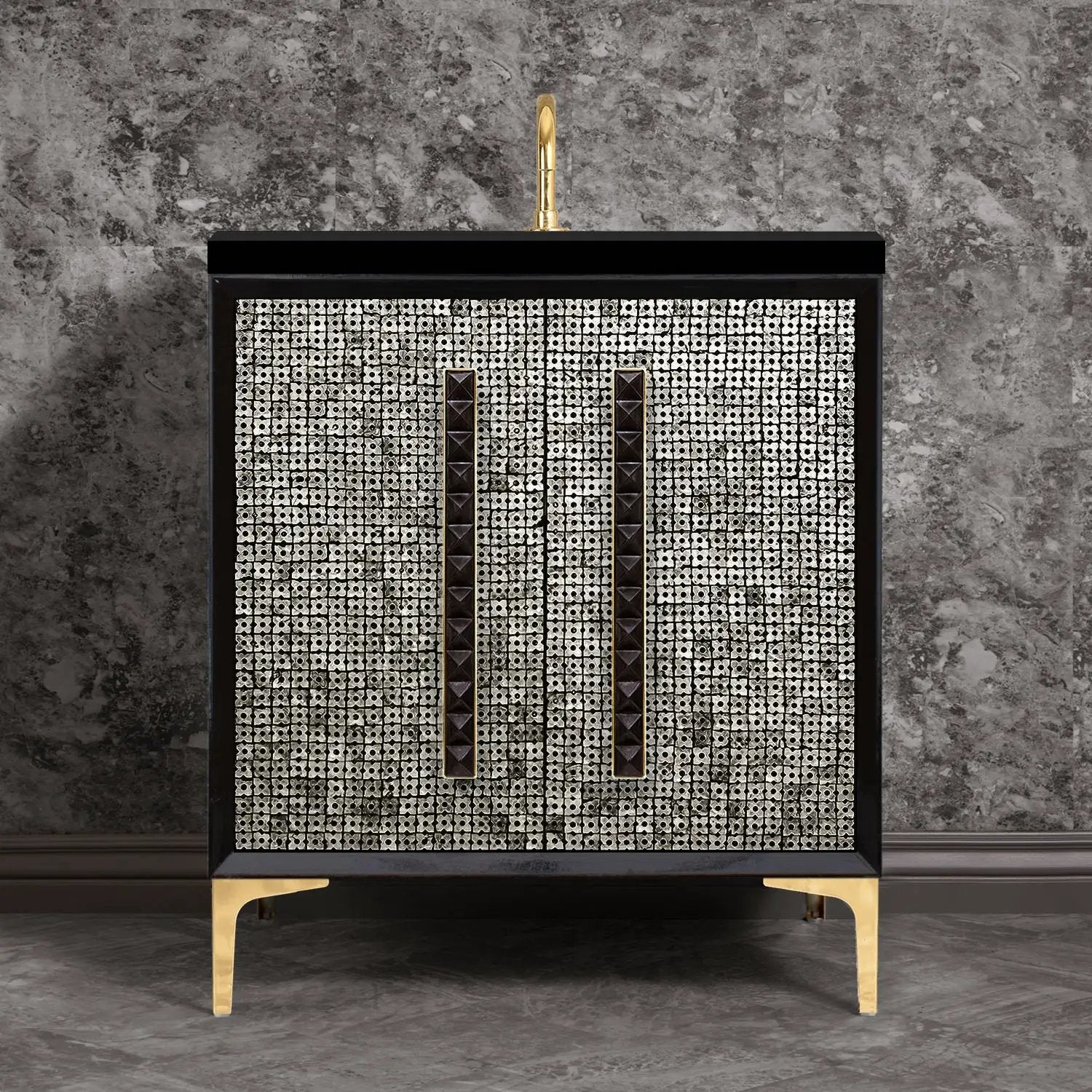 Linkasink Mother of Pearl with 18" Black Artisan Glass Pyramid Hardware Vanity by Linkasink