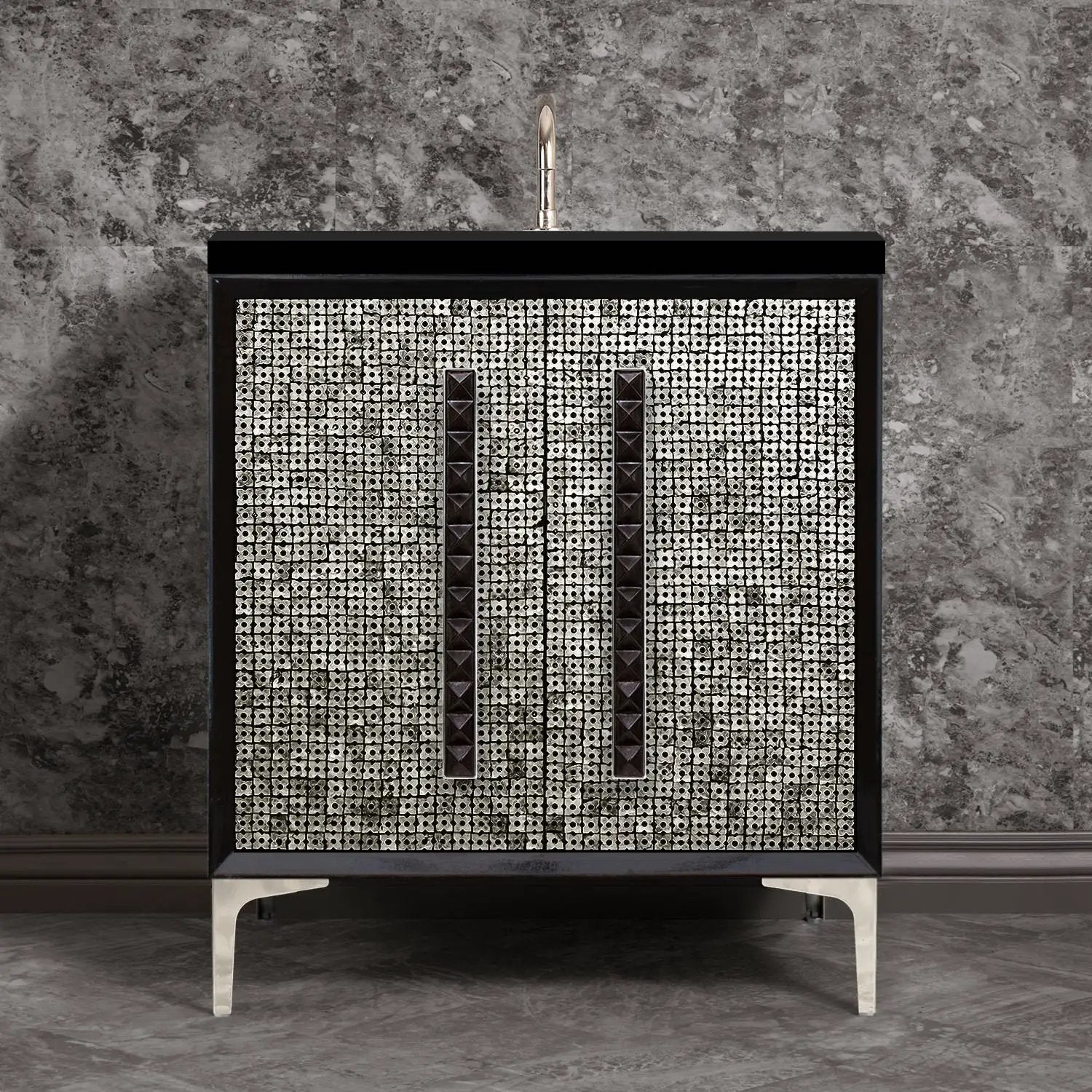 Linkasink Mother of Pearl with 18" Black Artisan Glass Pyramid Hardware Vanity by Linkasink