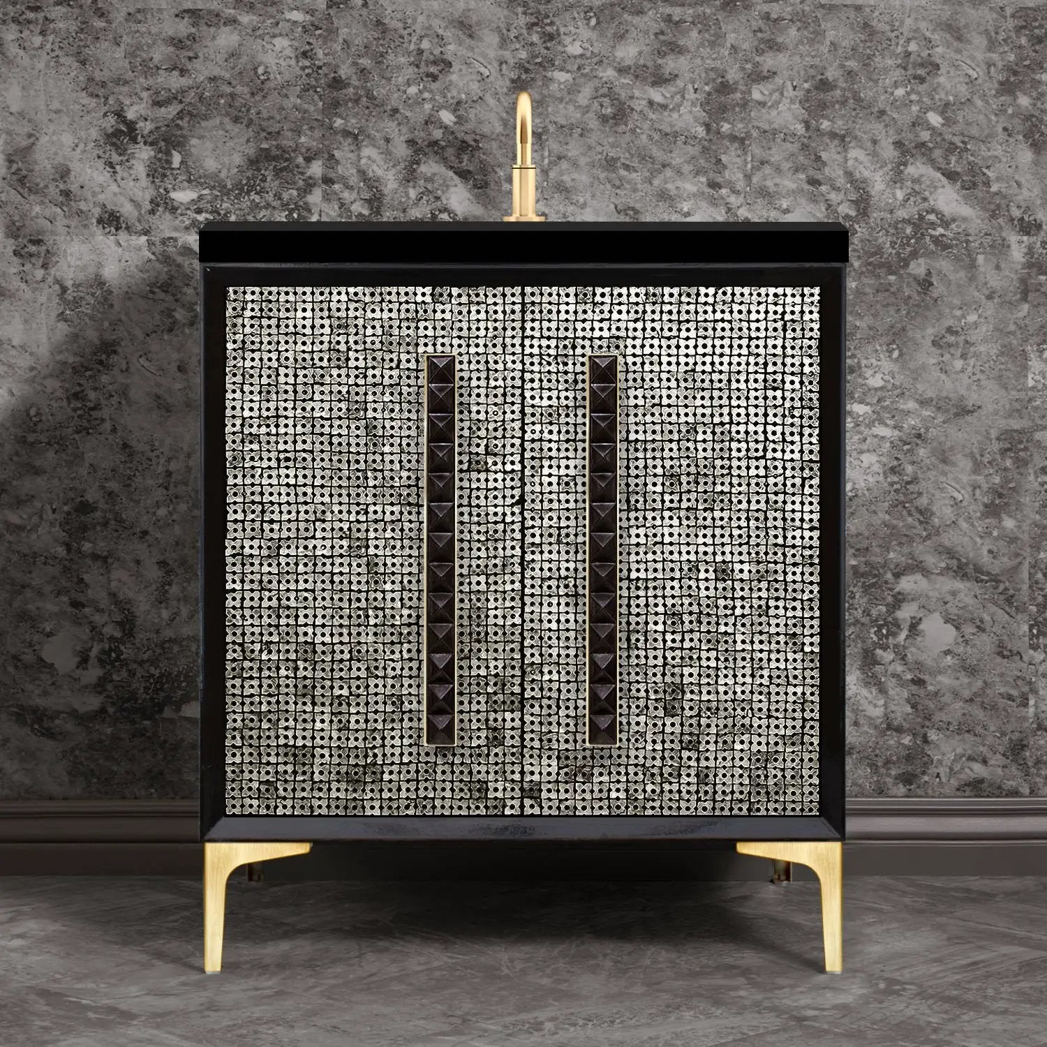 Linkasink Mother of Pearl with 18" Black Artisan Glass Pyramid Hardware Vanity by Linkasink