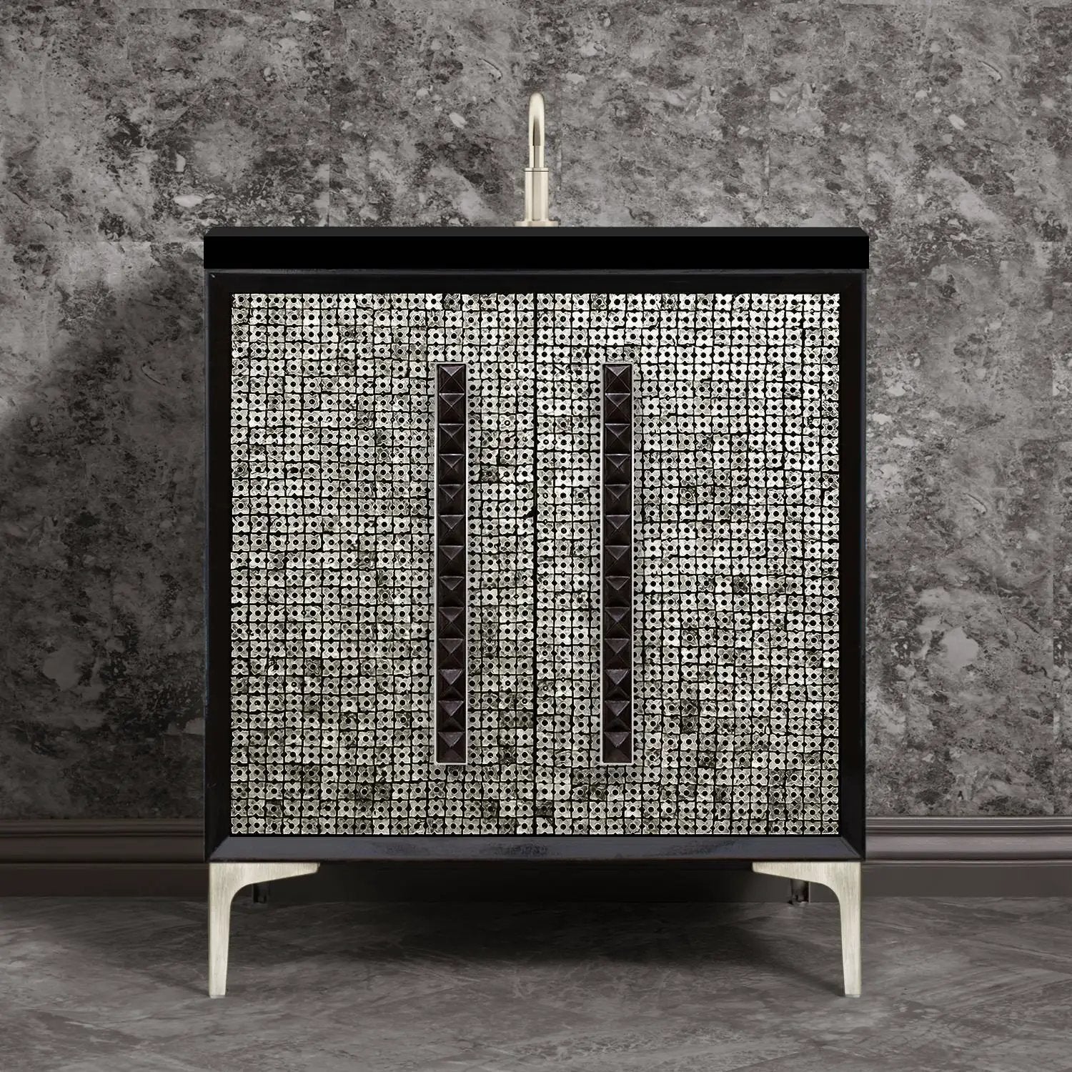 Linkasink Mother of Pearl with 18" Black Artisan Glass Pyramid Hardware Vanity by Linkasink