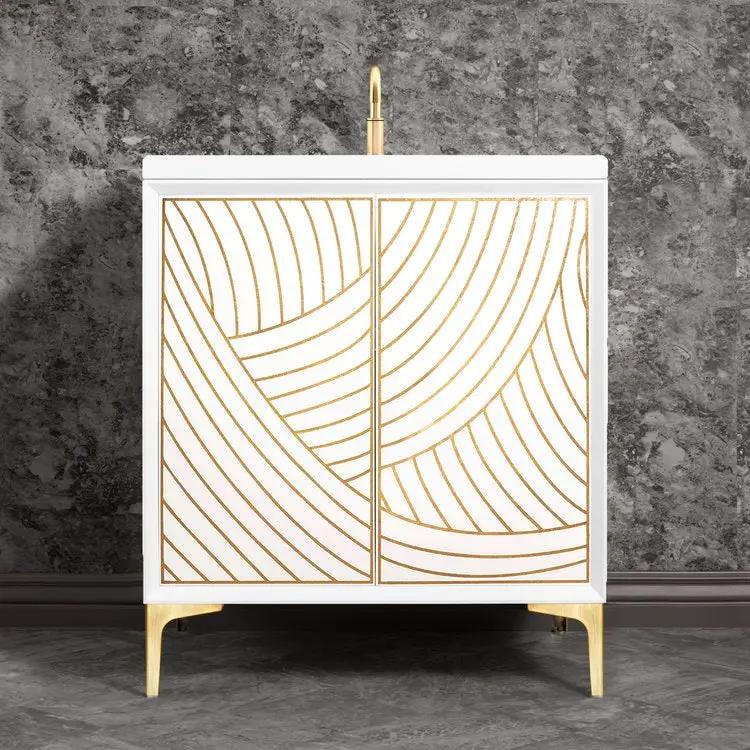 white with satin brass vanity