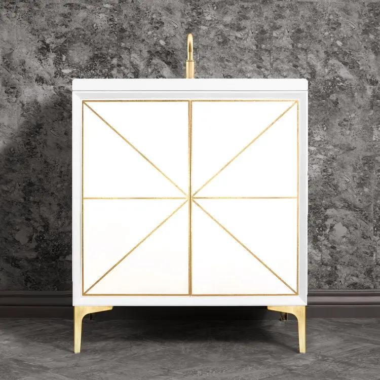 white with satin brass vanity