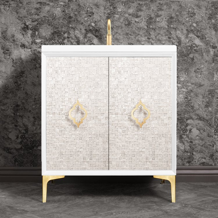 white with satin brass vanity