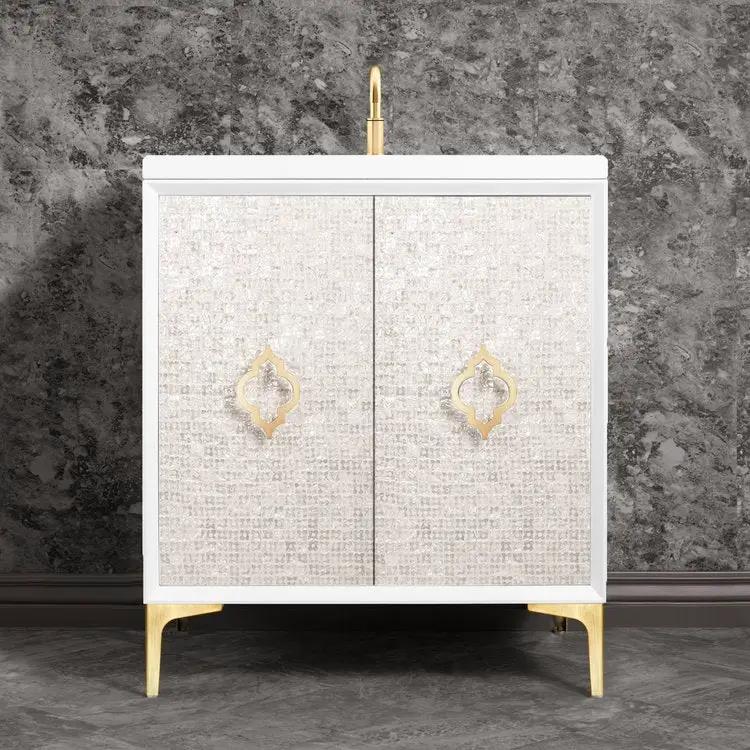 white with satin brass vanity