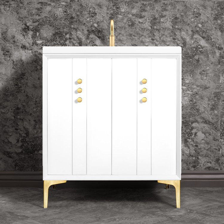 white with satin brass vanity