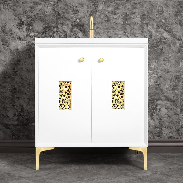 white with satin brass vanity