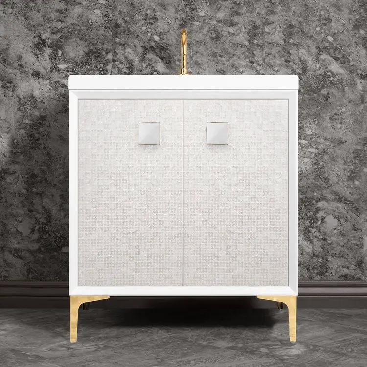 polished brass with white prism glass vanity