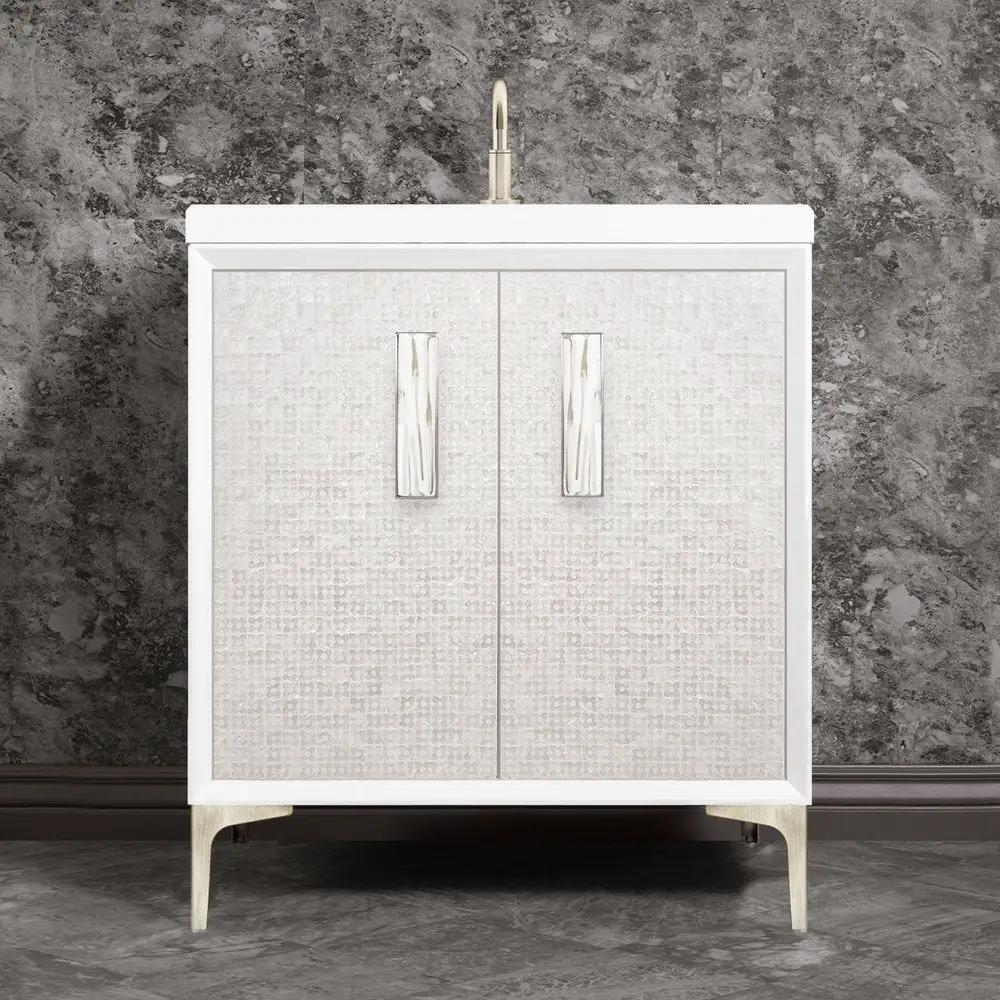satin nickel with white tiger prism glass vanity