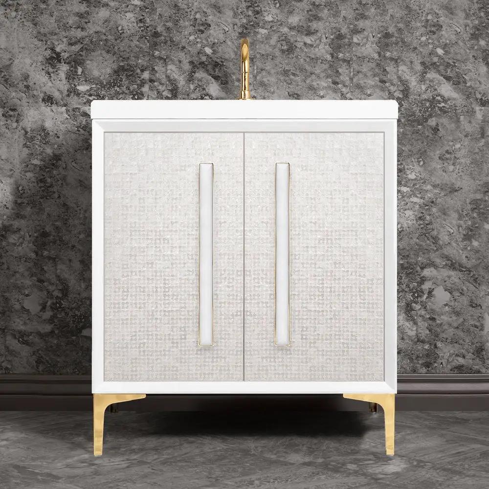 polished brass with white prism glass vanity