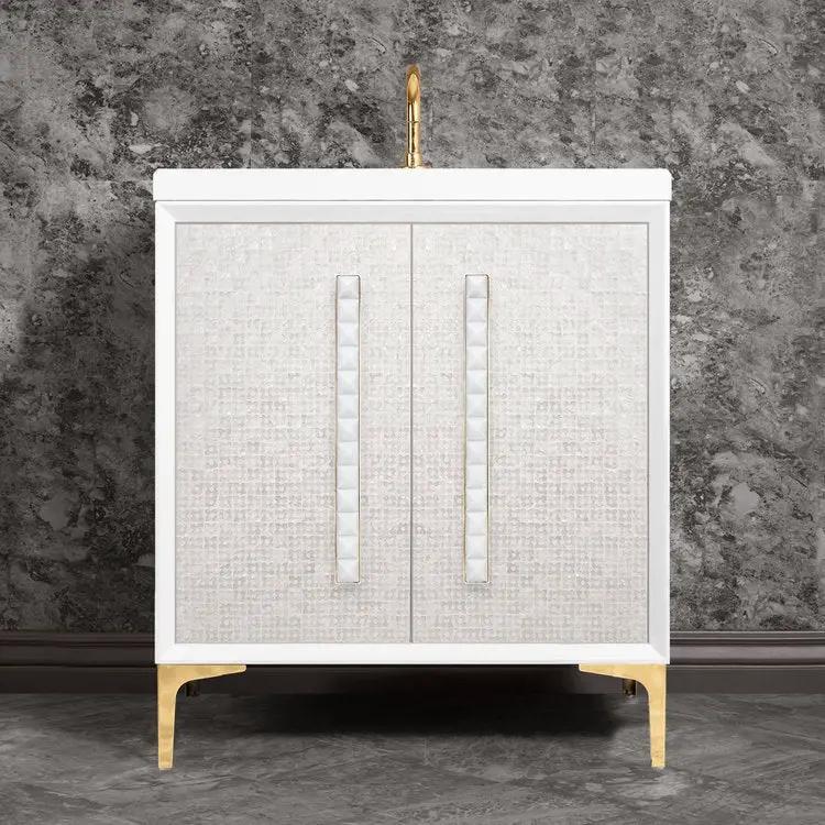 Linkasink Mother of Pearl with 18" White Prism Artisan Glass Pyramid Hardware 30" Vanity by Linkasink