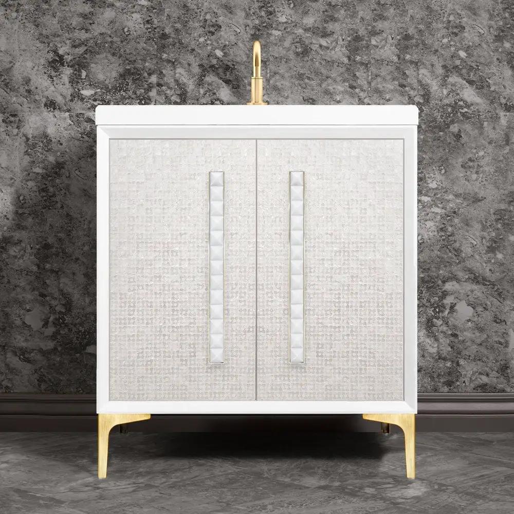 satin brass with white pyramid glass vanity