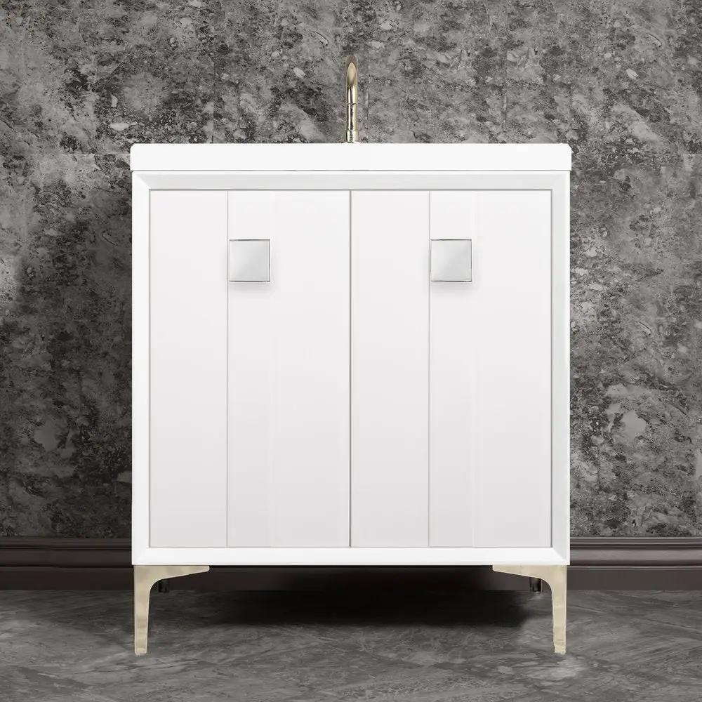 polished nickel with white prism glass vanity