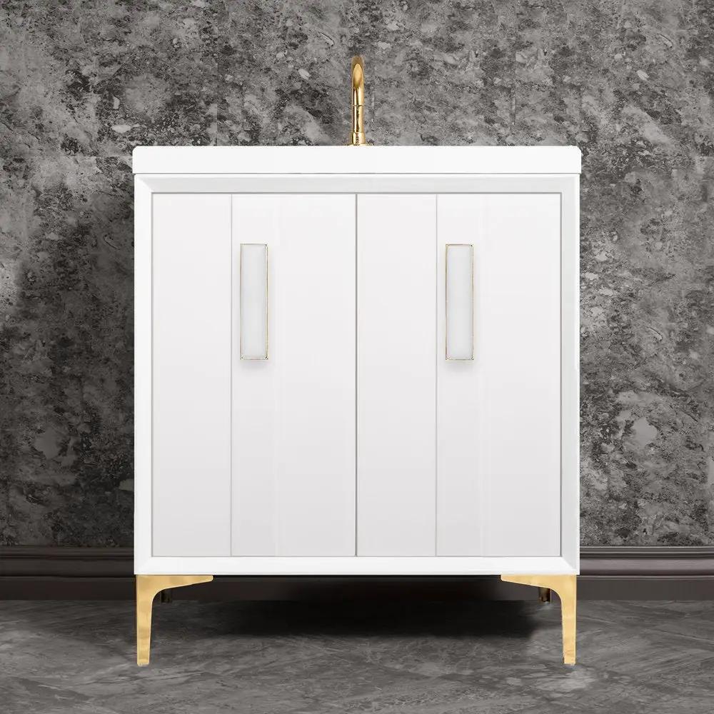 polished brass with white prism glass vanity