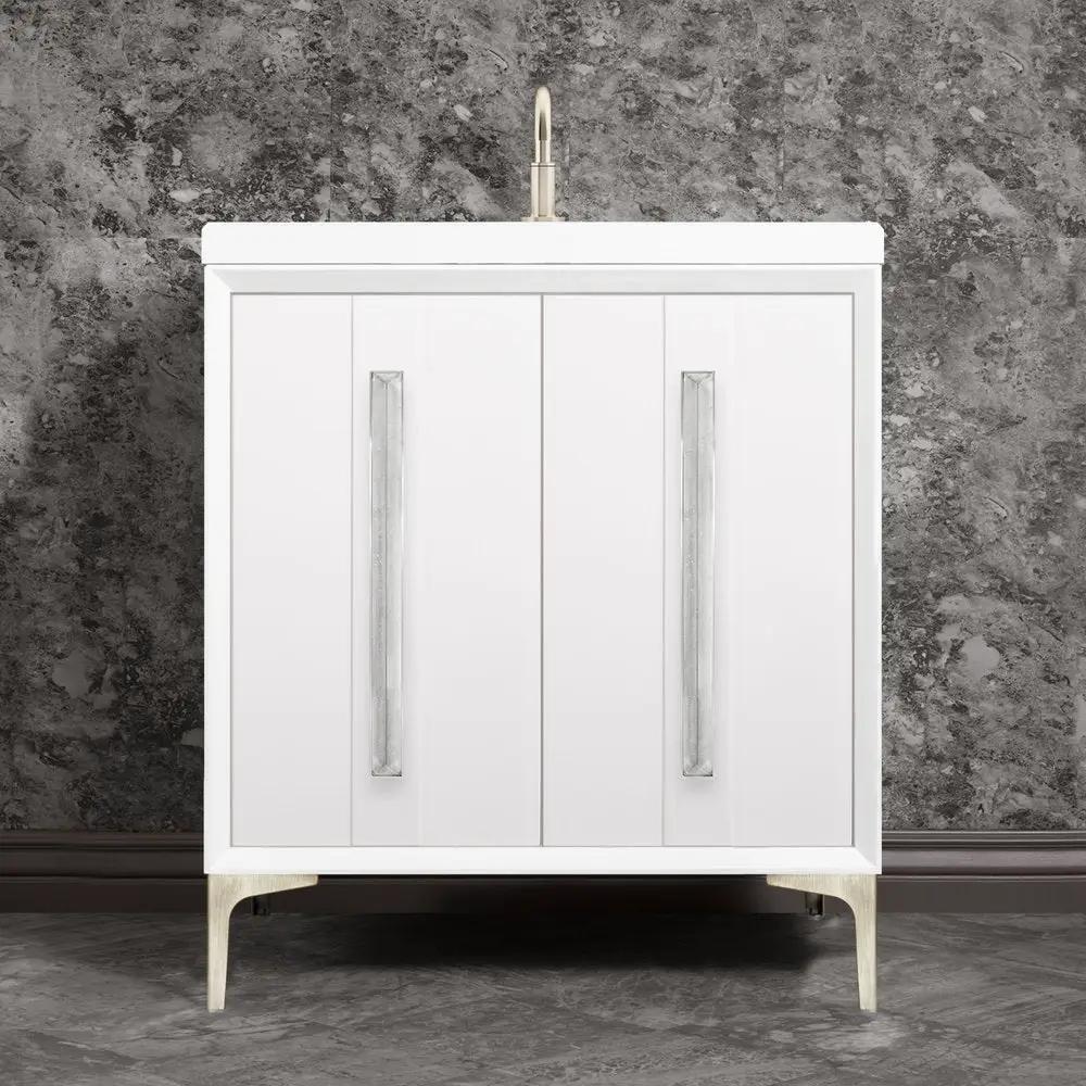 satin nickel with white pyramid glass vanity