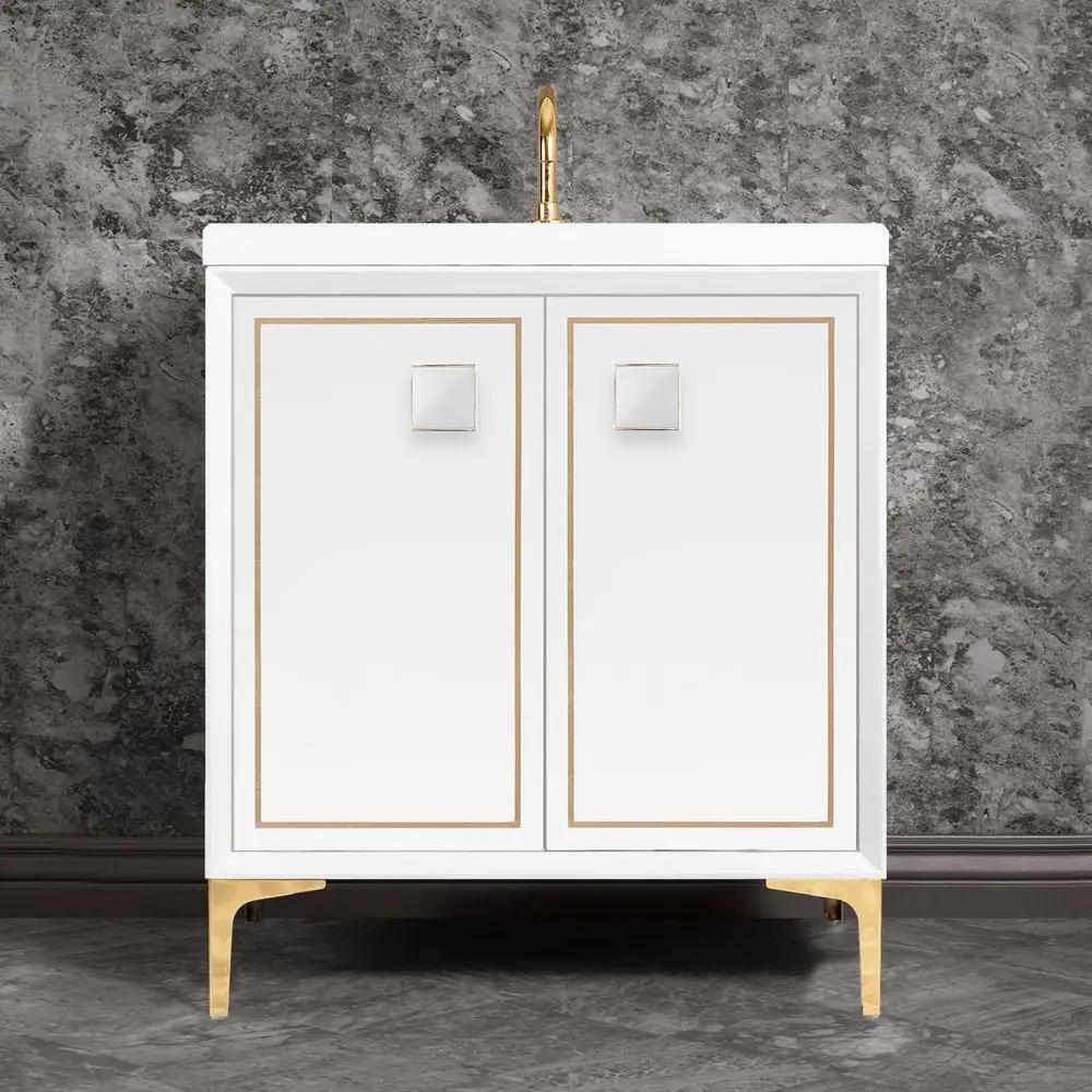 polished brass with white prism glass vanity