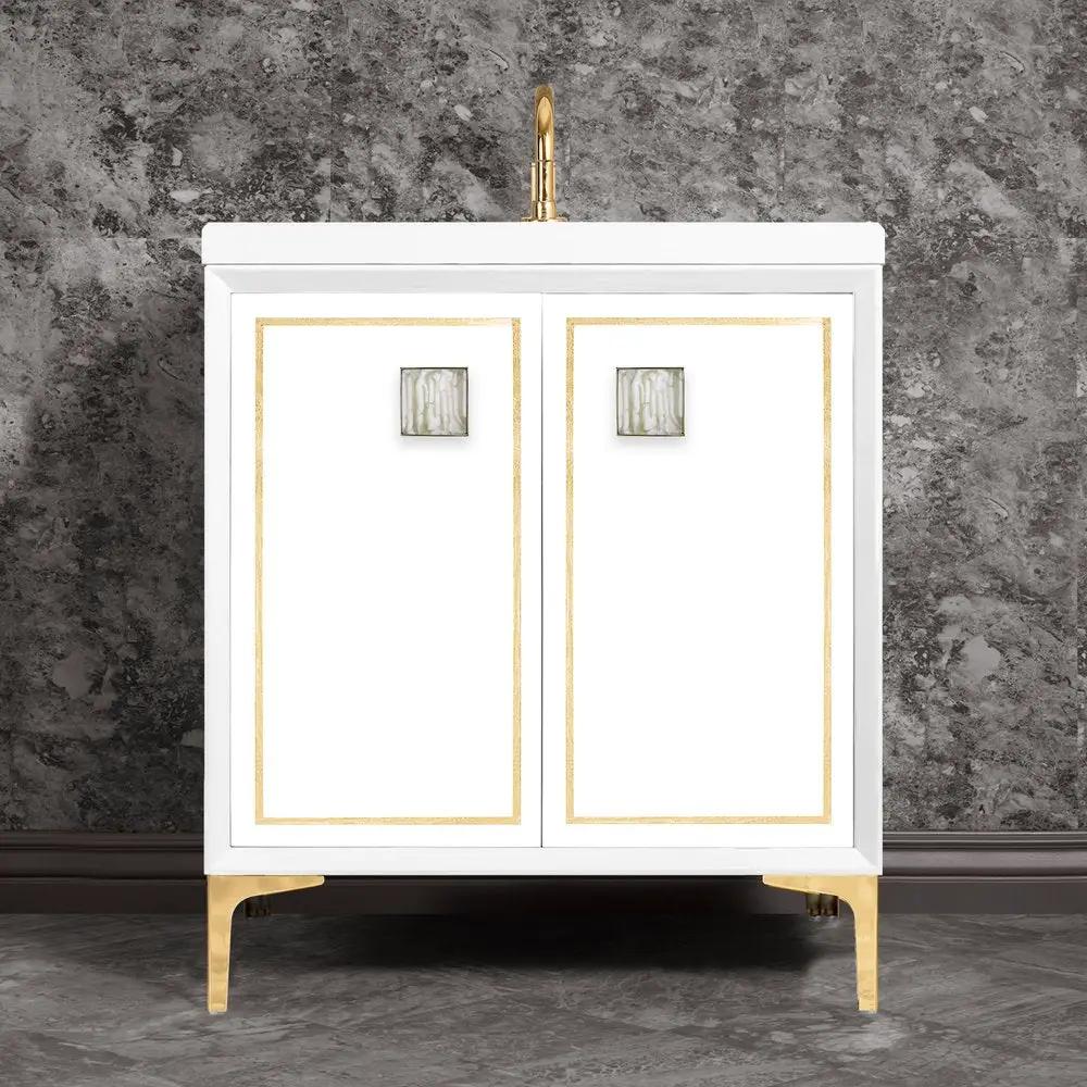 polished brass with white tiger prism glass vanity