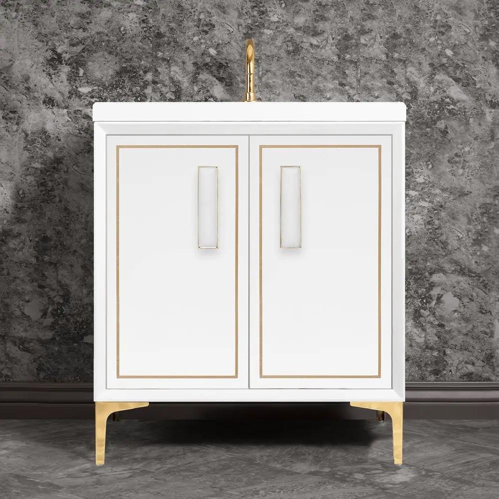 polished brass with white prism glass vanity