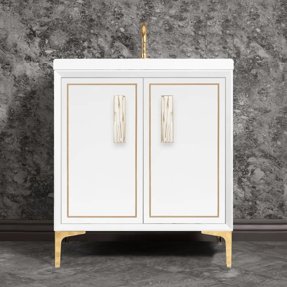 polished brass with white tiger prism glass vanity