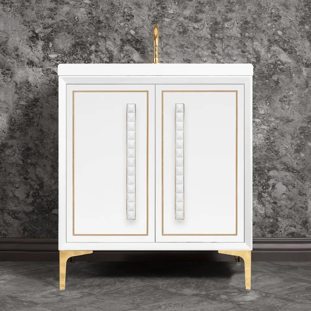 polished brass with white pyramid glass vanity