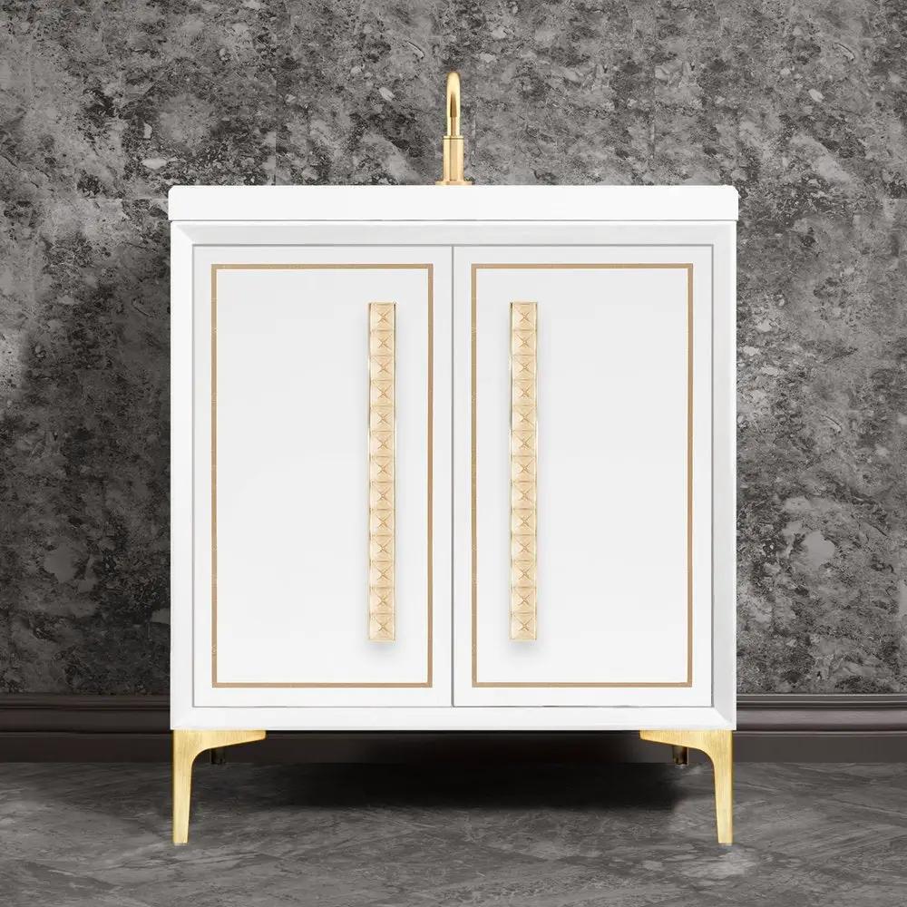 satin brass with eglomisé pyramid glass vanity
