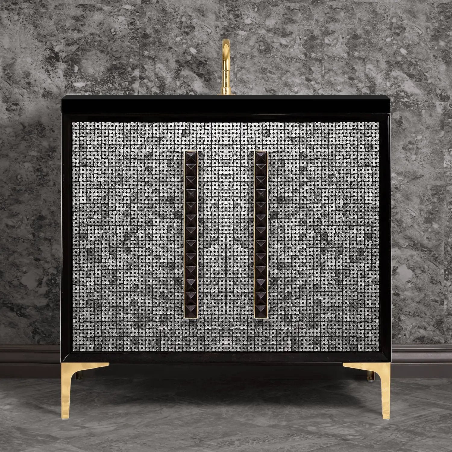 Linkasink Mother of Pearl with 18" Black Artisan Glass Pyramid Hardware Vanity by Linkasink