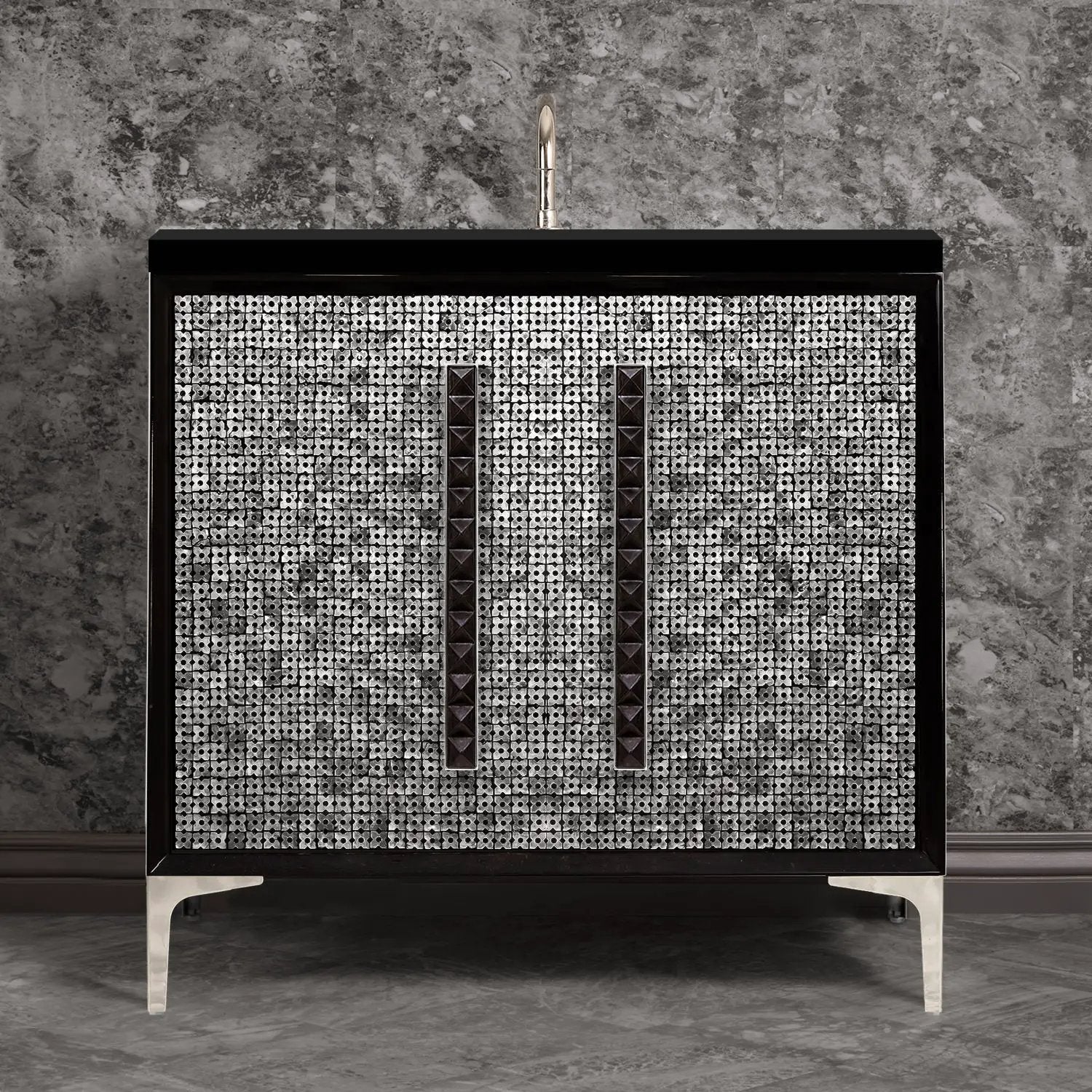 Linkasink Mother of Pearl with 18" Black Artisan Glass Pyramid Hardware Vanity by Linkasink