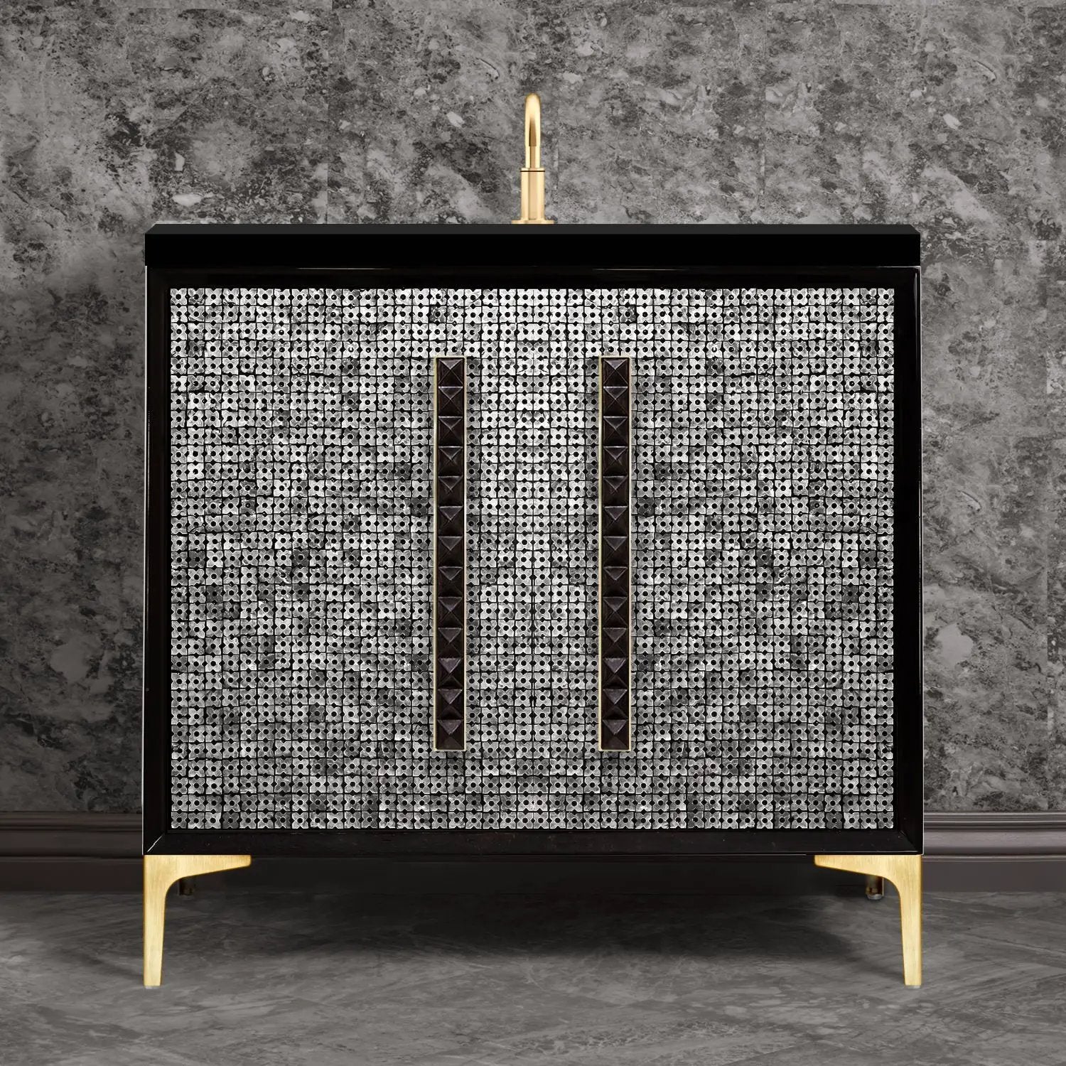Linkasink Mother of Pearl with 18" Black Artisan Glass Pyramid Hardware Vanity by Linkasink